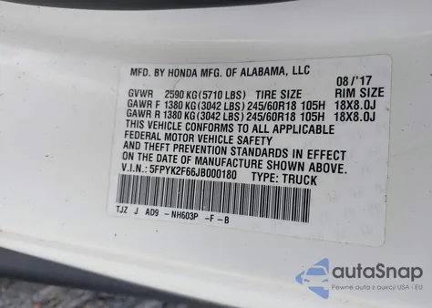 2018 Honda Ridgeline Rtl-T из США, поврежденный, VIN 5FPYK2F66JB000180